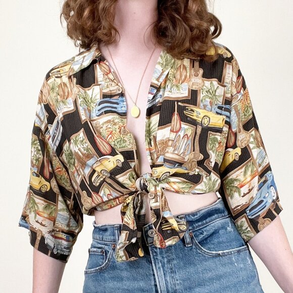 Vintage Novelty Hawaii Car Print Button Down Blouse Oversized Top Hawaiian Shirt - Picture 4 of 9